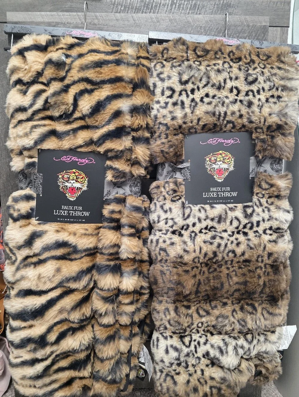 Set Of 2 Ed Hardy Faux Fur Luxe Throw Blankets Leopard & Tiger Print